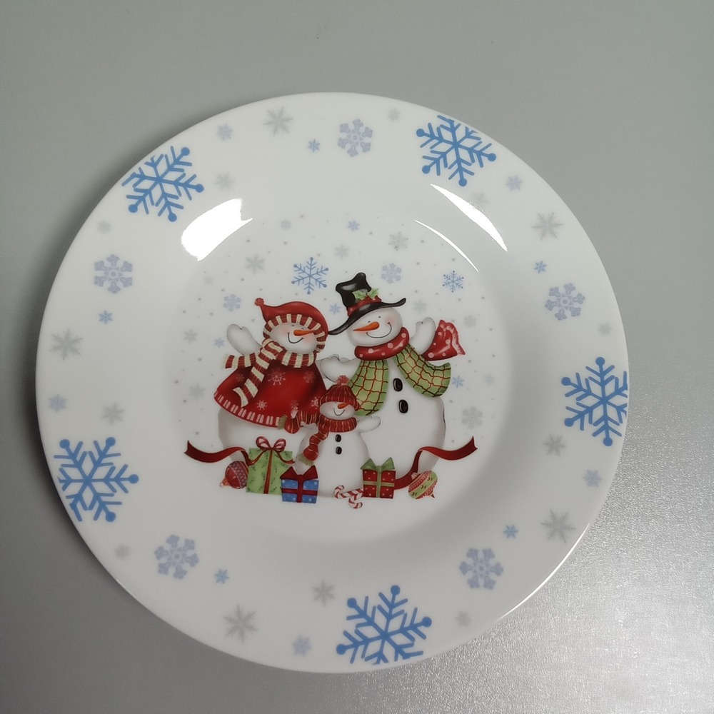 Snowman Family Holiday Appetizer Plate White Blue Snowflake 7.5 Inch Ceramic